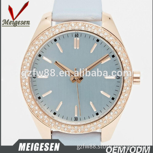 MGS supplier index surface stone top ring leather band lady watch